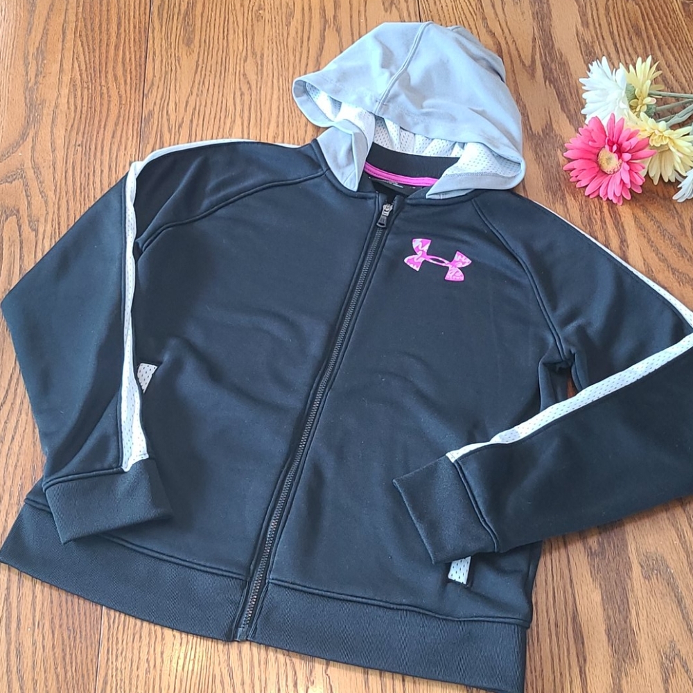 Under Armour Girls' Black & Gray Full-Zip Hoodie with Pink Logo